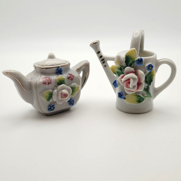Vintage Mini Teapot & Watering Can Figurines Floral Ceramic Cottagecore Decor - Picture 1 of 7